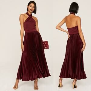 Elle Zeitoune Jayee Chocolate Red Pleated Halter Neck Dress sz L